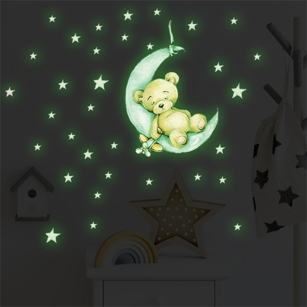 Glow In Dark Stars - Naklejki ścienne z kreskówkowym misiem śpiącym