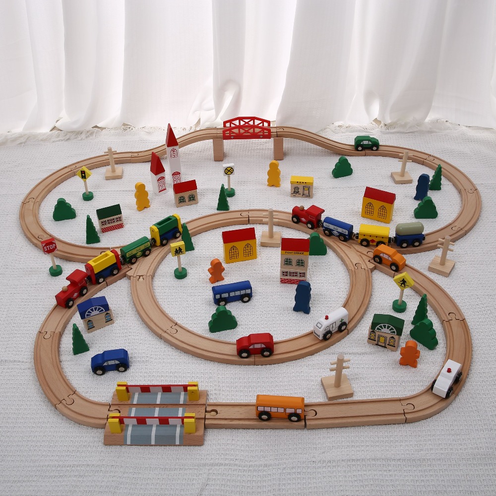 Toy Train Track Set - Drewniany zestaw kolejowy z zjeżdżalnią, drewniane